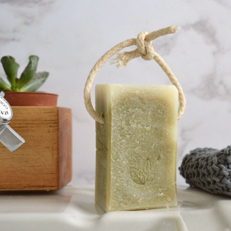 Tea tree and spirulina handmade vegan natural soap on a rope