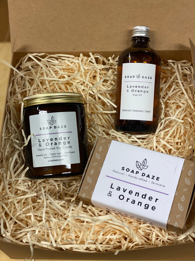 Soap, candle, body oil gift set, different scents to choose from.